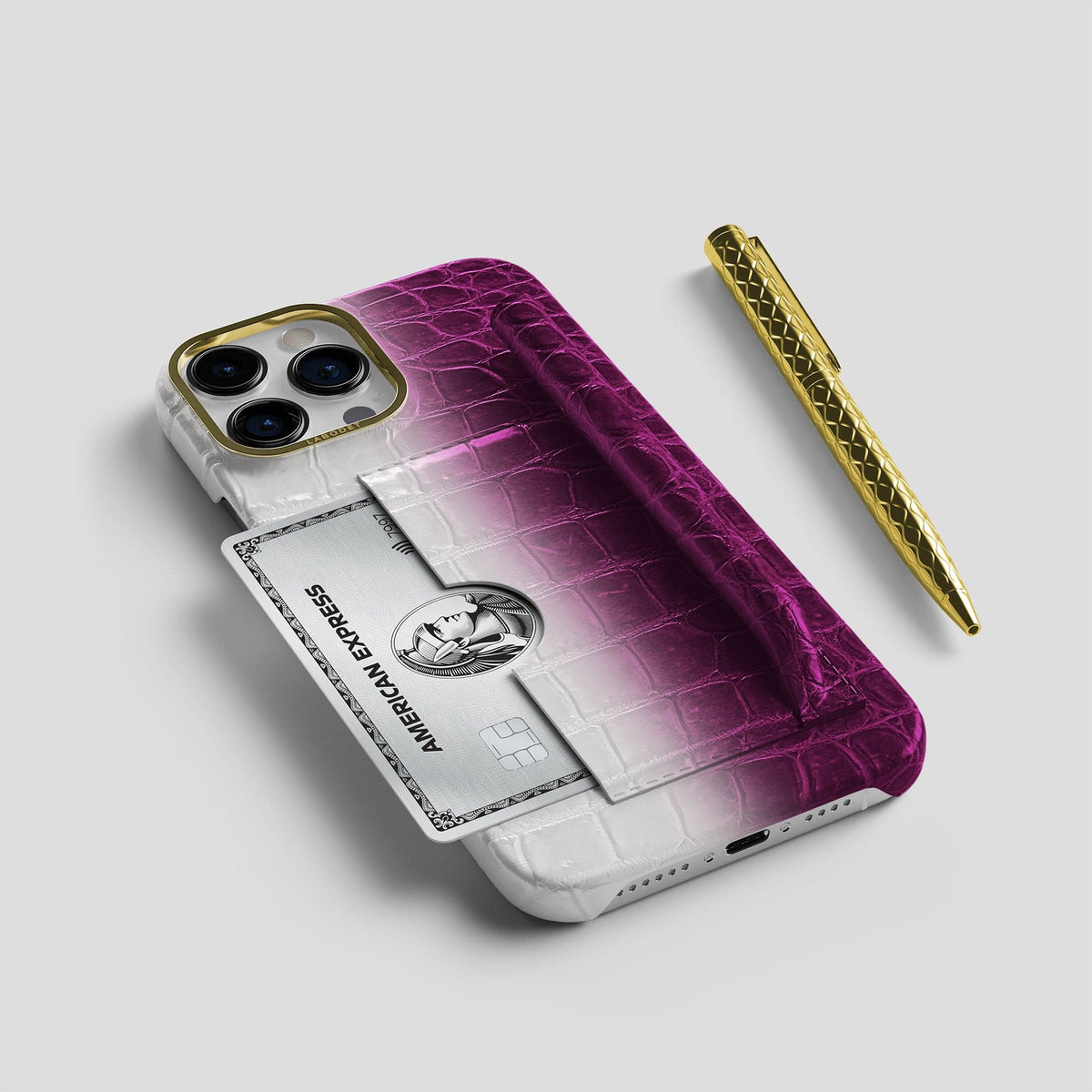 Fuchsia iPhone 14 Pro Card and Pen Holder Case Himalayan Crocodile with Gold Metal -5 | Fuchsia-Gold