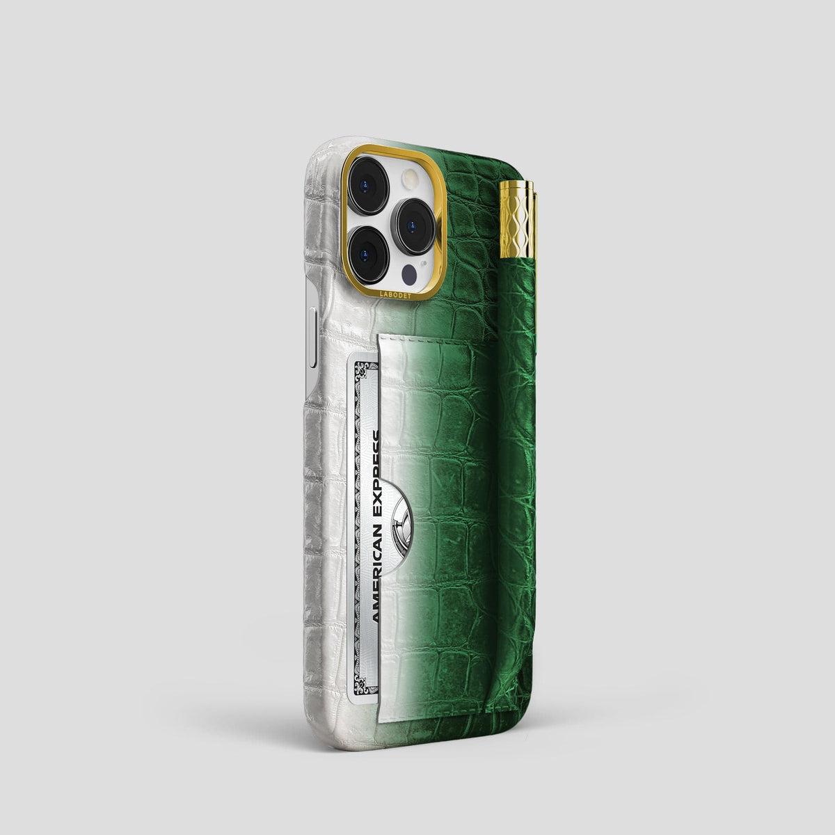 Green iPhone 14 Pro Card and Pen Holder Case Himalayan Crocodile with Gold Metal -2 | Green-Gold