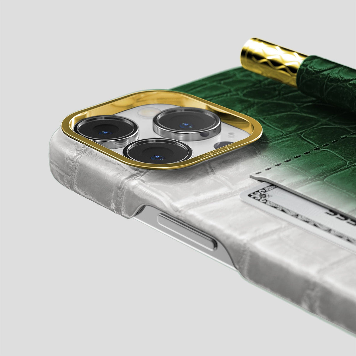 Green iPhone 14 Pro Card and Pen Holder Case Himalayan Crocodile with Gold Metal -4 | Green-Gold