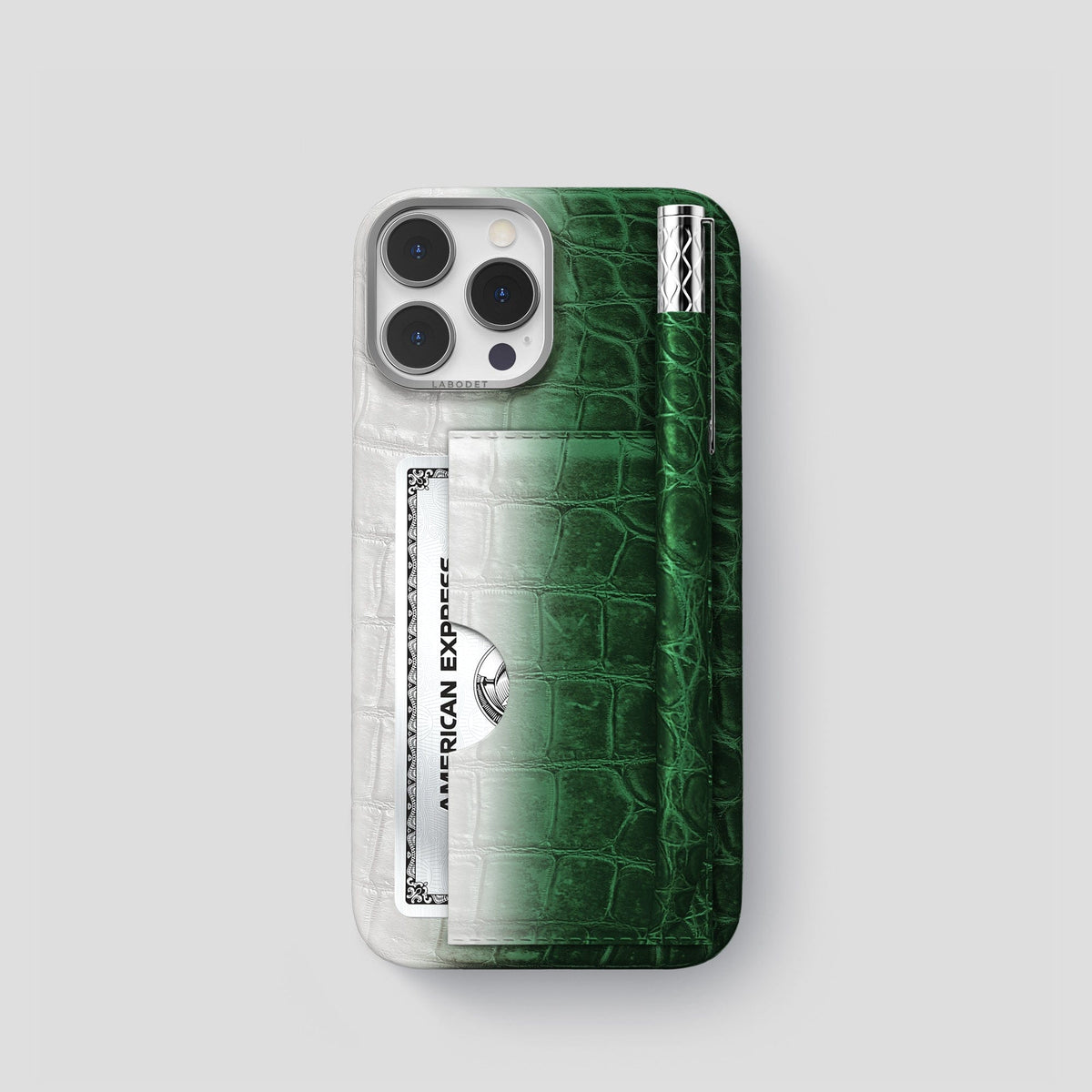 Green iPhone 14 Pro Card and Pen Holder Case Himalayan Crocodile with Steel Metal -1 | Green-Steel