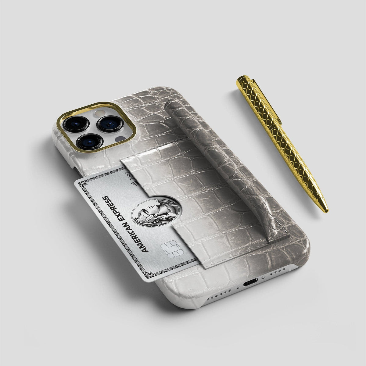 Grey iPhone 14 Pro Card and Pen Holder Case Himalayan Crocodile with Gold Metal -5 | Grey-Gold