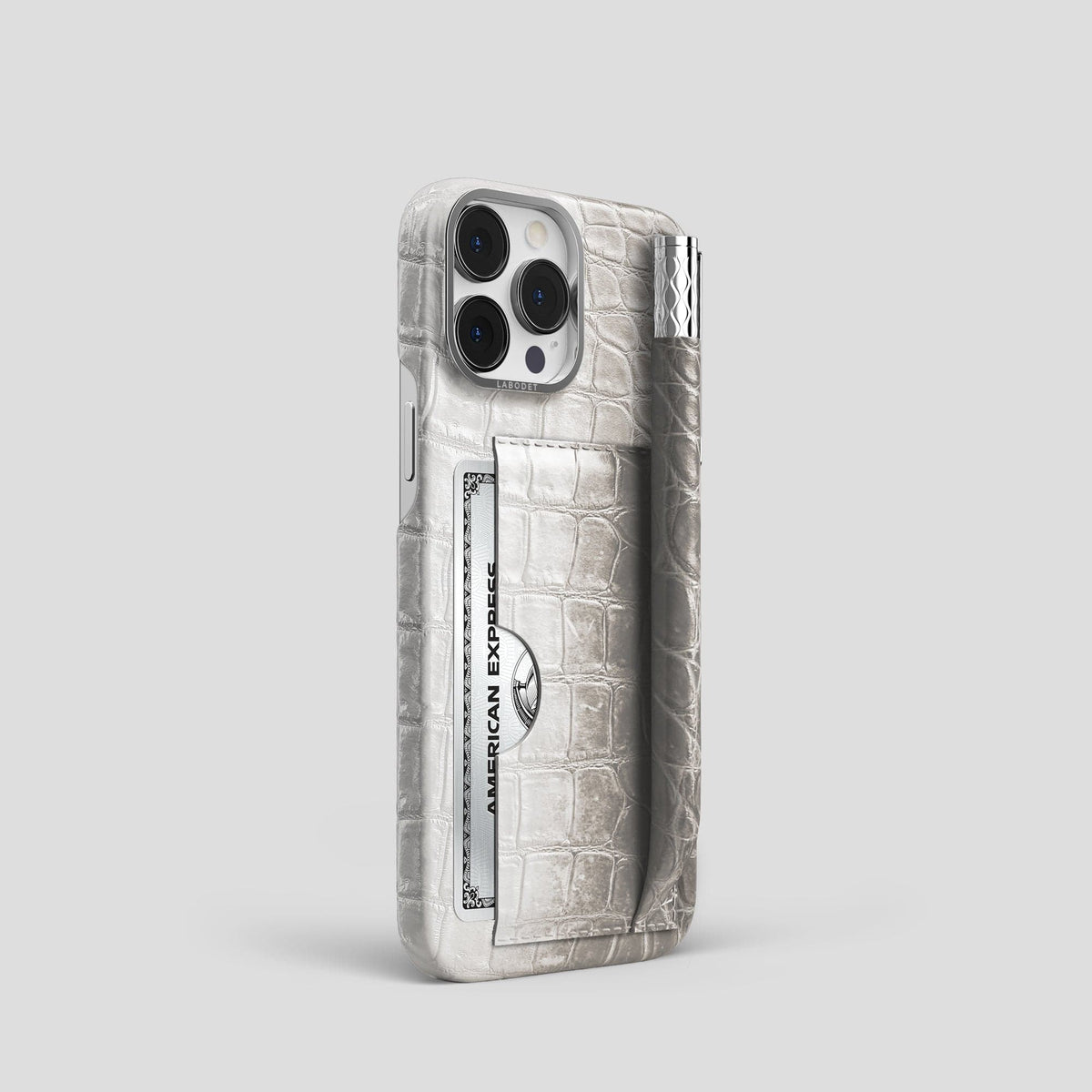 Grey iPhone 14 Pro Card and Pen Holder Case Himalayan Crocodile with Steel Metal -2 | Grey-Steel