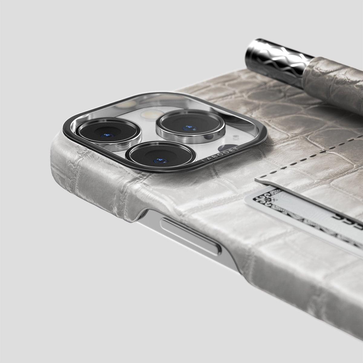 Grey iPhone 14 Pro Card and Pen Holder Case Himalayan Crocodile with Steel Metal -4 | Grey-Steel