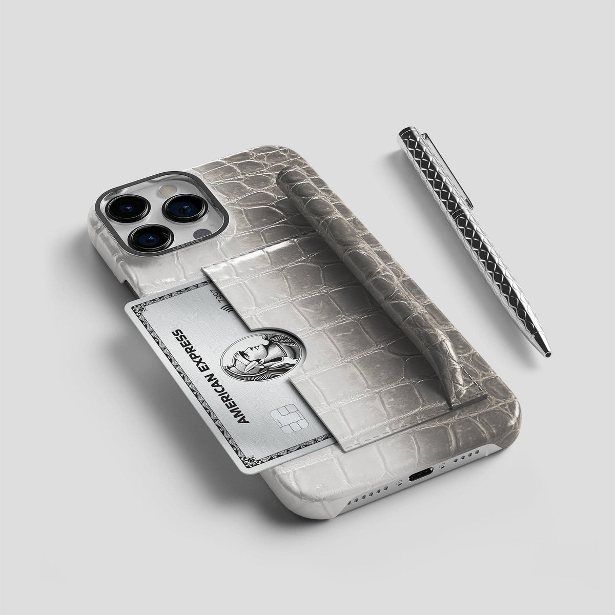 Grey iPhone 14 Pro Card and Pen Holder Case Himalayan Crocodile with Steel Metal -5 | Grey-Steel