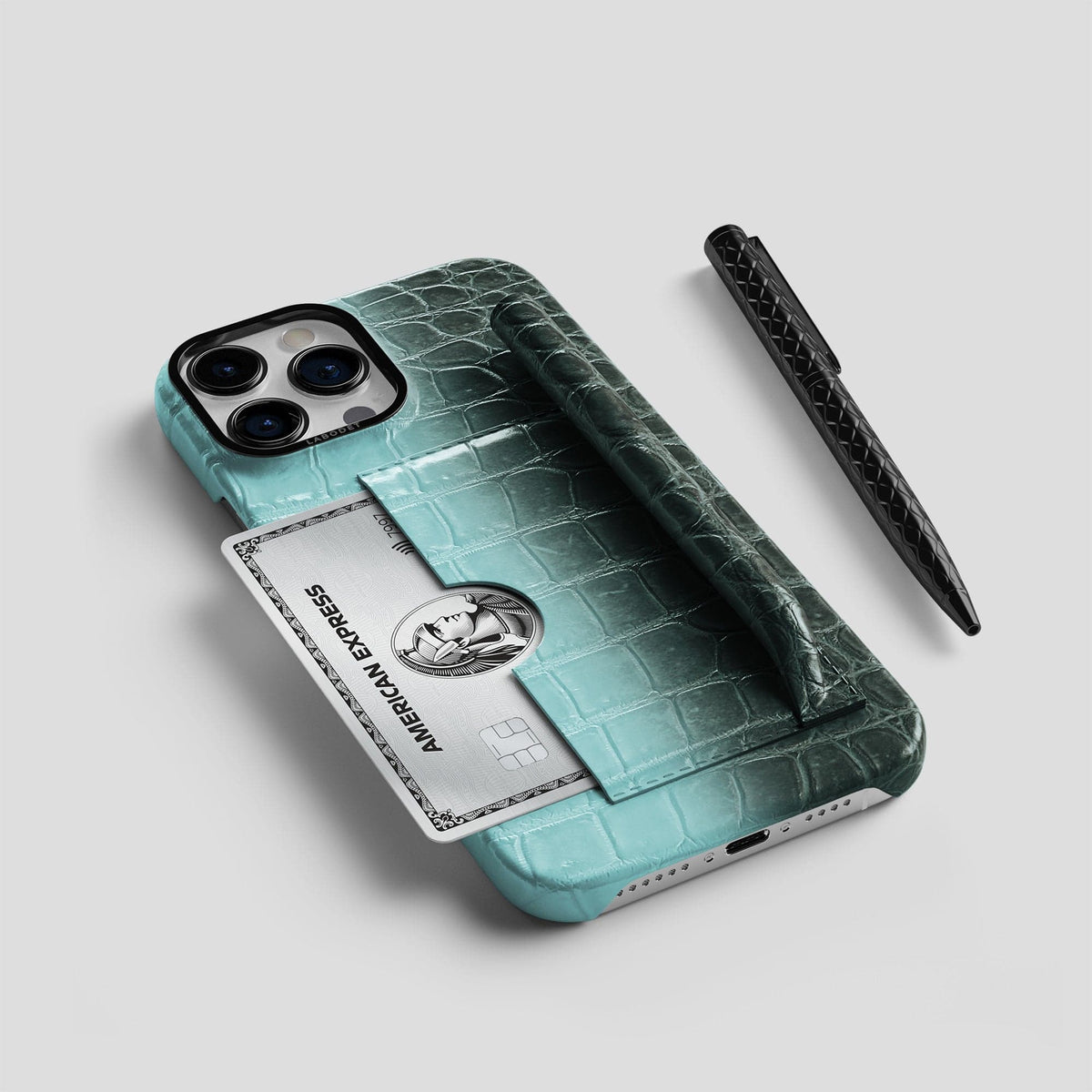 Light-Mint iPhone 14 Pro Card and Pen Holder Case Himalayan Crocodile with Black Metal -5 | Light-Mint-Black