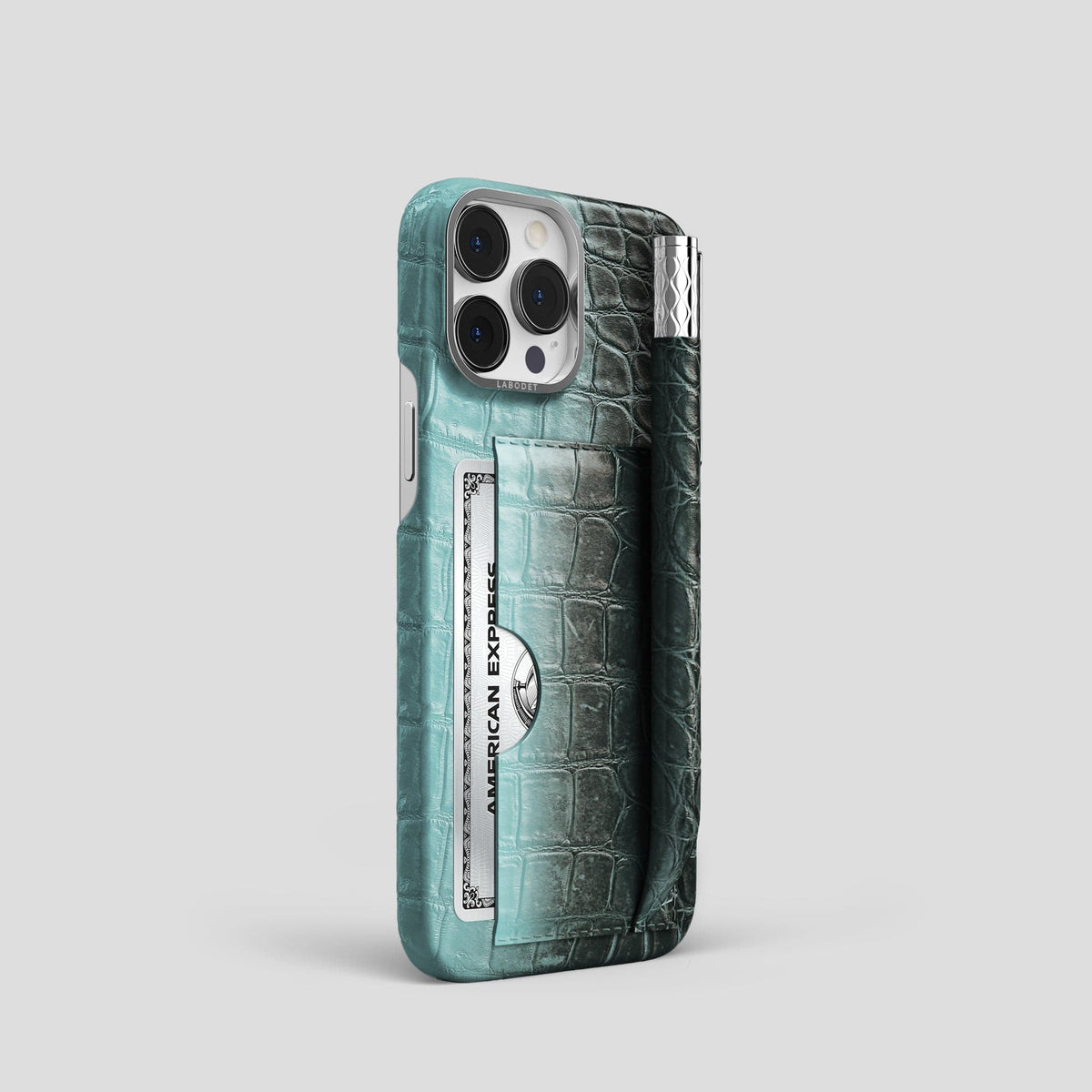 Light-Mint iPhone 14 Pro Card and Pen Holder Case Himalayan Crocodile with Steel Metal -2 | Light-Mint-Steel