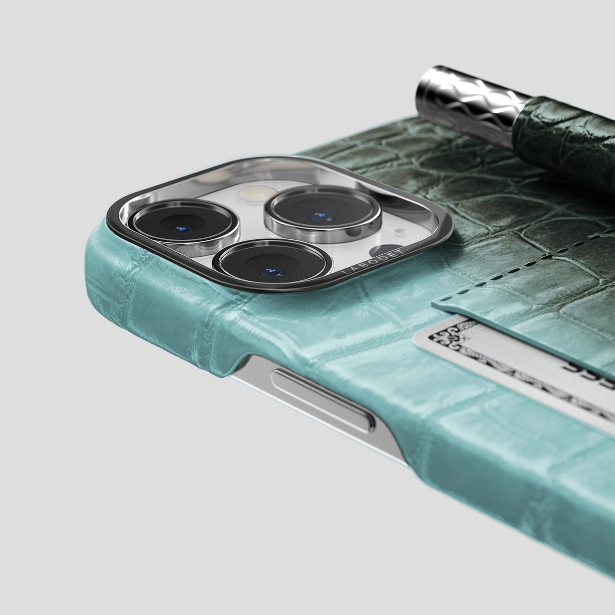 Light-Mint iPhone 14 Pro Card and Pen Holder Case Himalayan Crocodile with Steel Metal -4 | Light-Mint-Steel