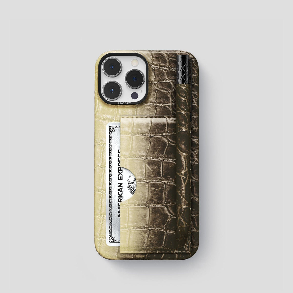 Natural iPhone 14 Pro Card and Pen Holder Case Himalayan Crocodile with Black Metal -1 | Natural-Black