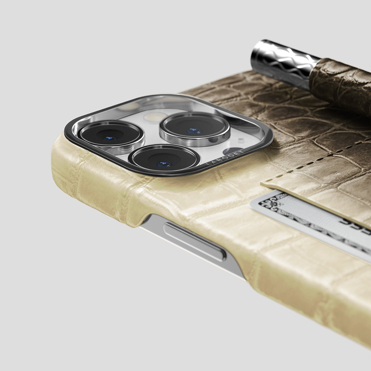 Natural iPhone 14 Pro Card and Pen Holder Case Himalayan Crocodile with Steel Metal -4 | Natural-Steel