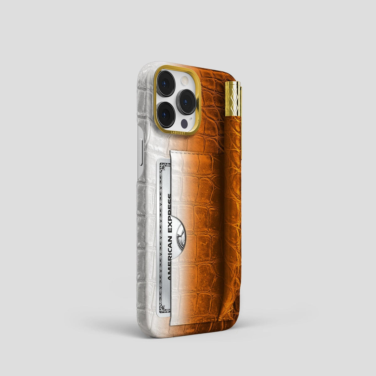 Orange iPhone 14 Pro Card and Pen Holder Case Himalayan Crocodile with Gold Metal -2 | Orange-Gold