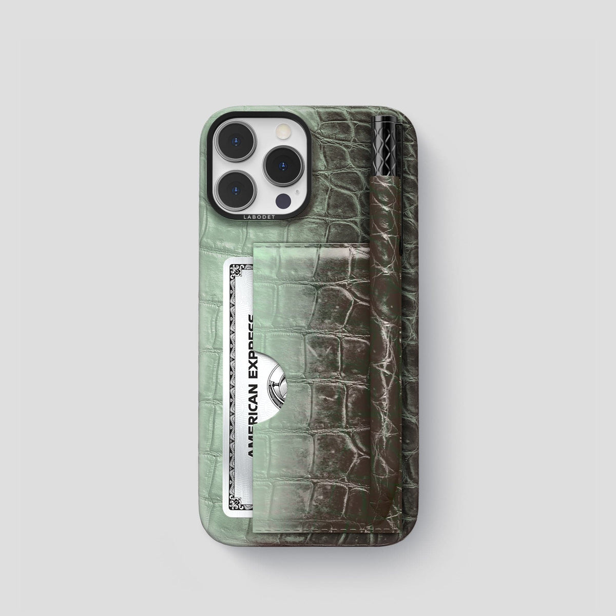 Pistachio iPhone 14 Pro Card and Pen Holder Case Himalayan Crocodile with Black Metal -1 | Pistachio-Black