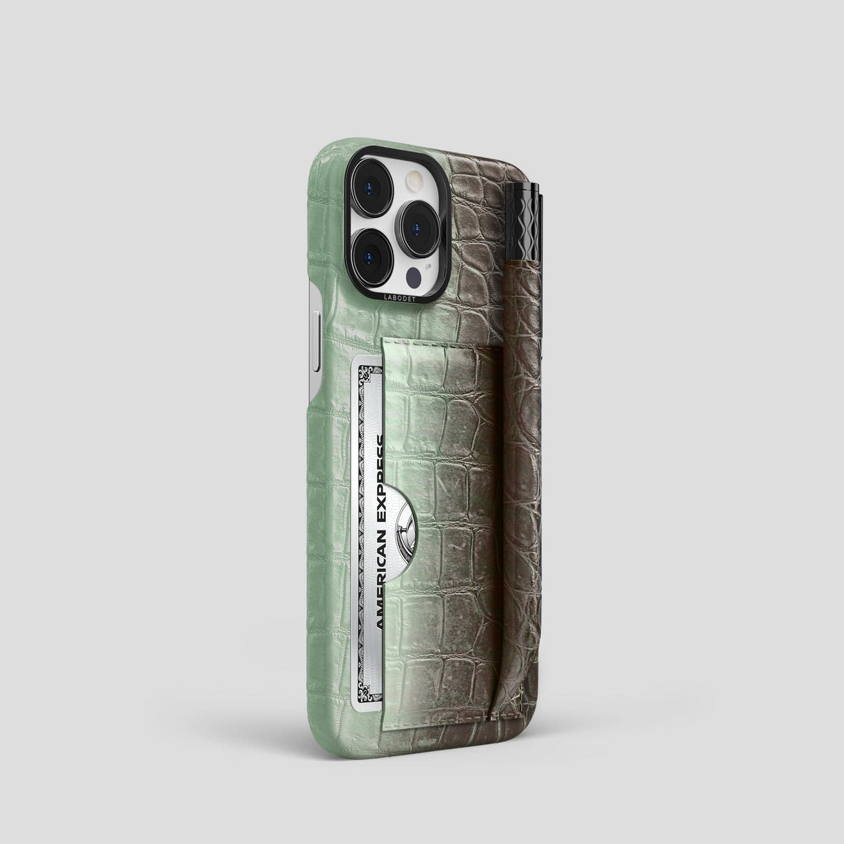 Pistachio iPhone 14 Pro Card and Pen Holder Case Himalayan Crocodile with Black Metal -2 | Pistachio-Black