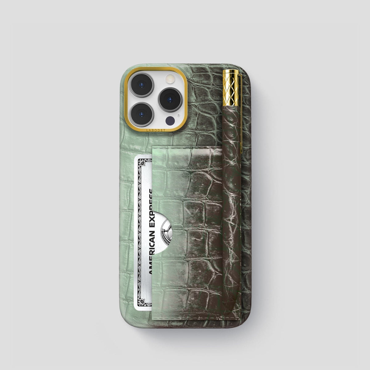 Pistachio iPhone 14 Pro Card and Pen Holder Case Himalayan Crocodile with Gold Metal -1 | Pistachio-Gold