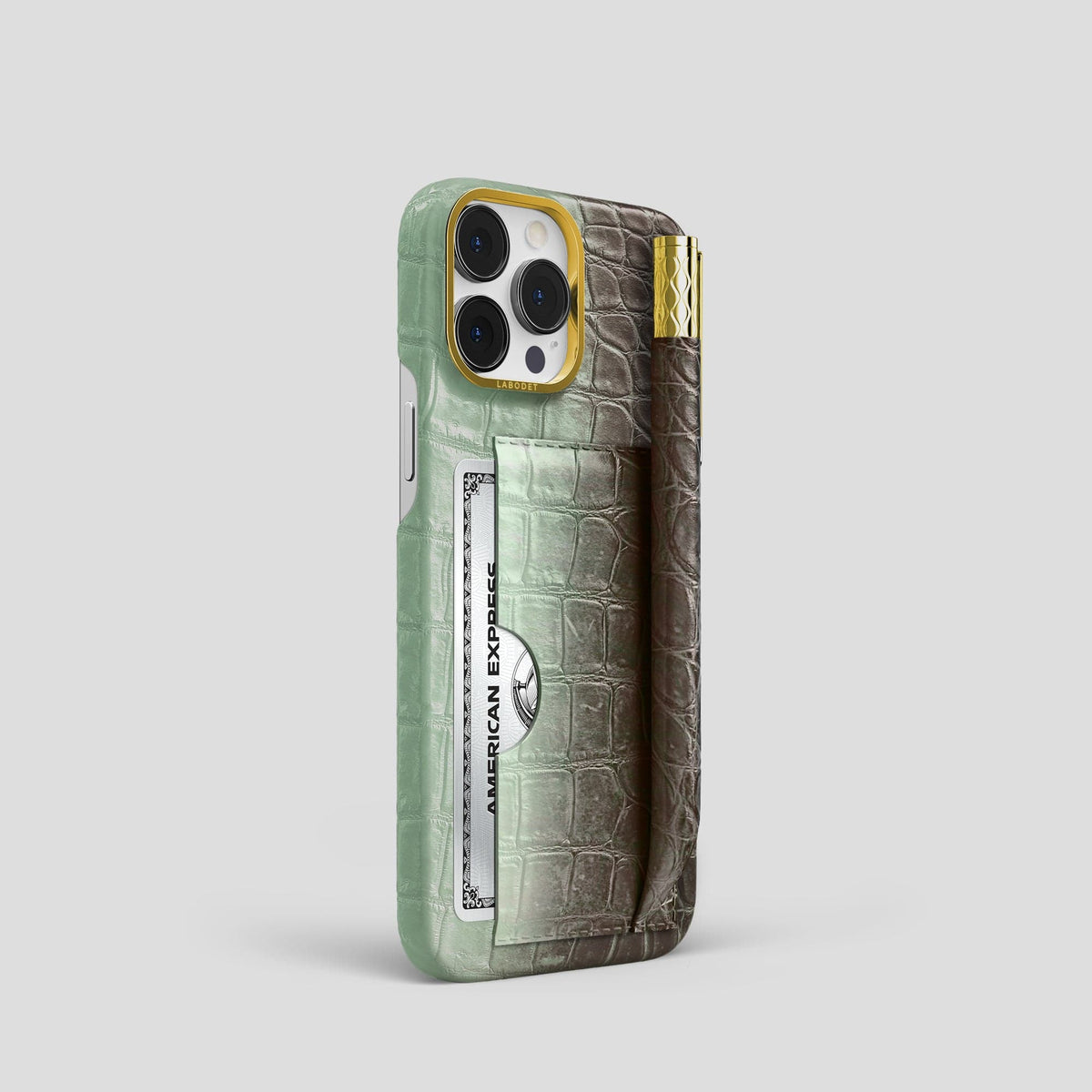 Pistachio iPhone 14 Pro Card and Pen Holder Case Himalayan Crocodile with Gold Metal -2 | Pistachio-Gold
