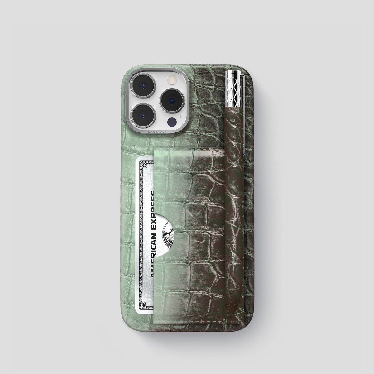 Pistachio iPhone 14 Pro Card and Pen Holder Case Himalayan Crocodile with Steel Metal -1 | Pistachio-Steel