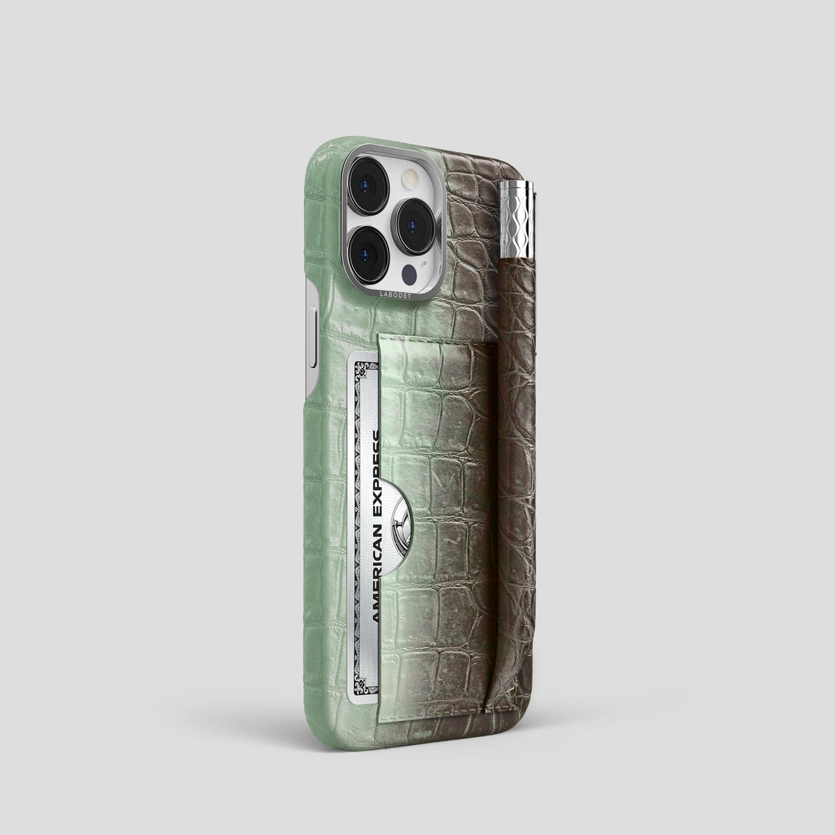 Pistachio iPhone 14 Pro Card and Pen Holder Case Himalayan Crocodile with Steel Metal -2 | Pistachio-Steel