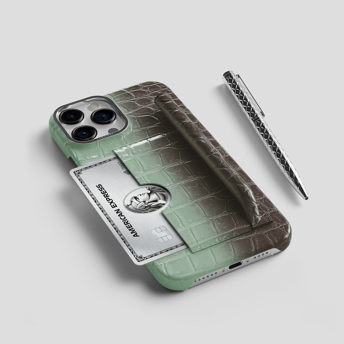 Pistachio iPhone 14 Pro Card and Pen Holder Case Himalayan Crocodile with Steel Metal -5 | Pistachio-Steel