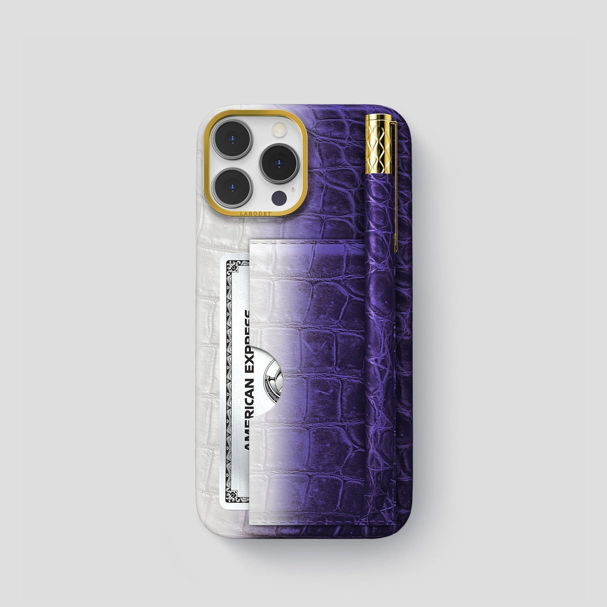 Purple iPhone 14 Pro Card and Pen Holder Case Himalayan Crocodile with Gold Metal -1 | Purple-Gold