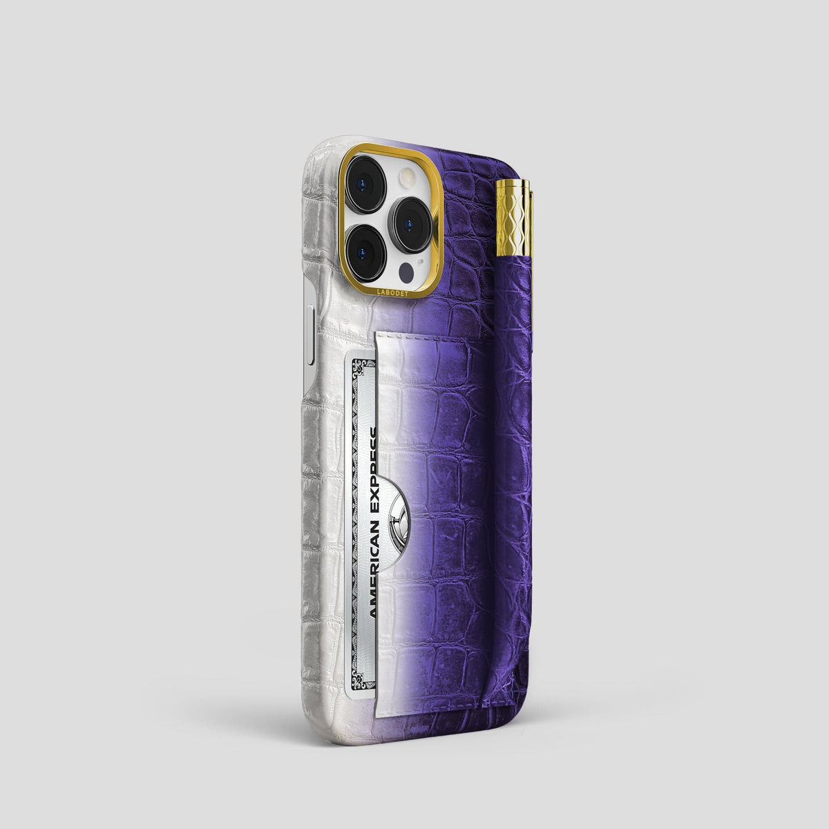 Purple iPhone 14 Pro Card and Pen Holder Case Himalayan Crocodile with Gold Metal -2 | Purple-Gold