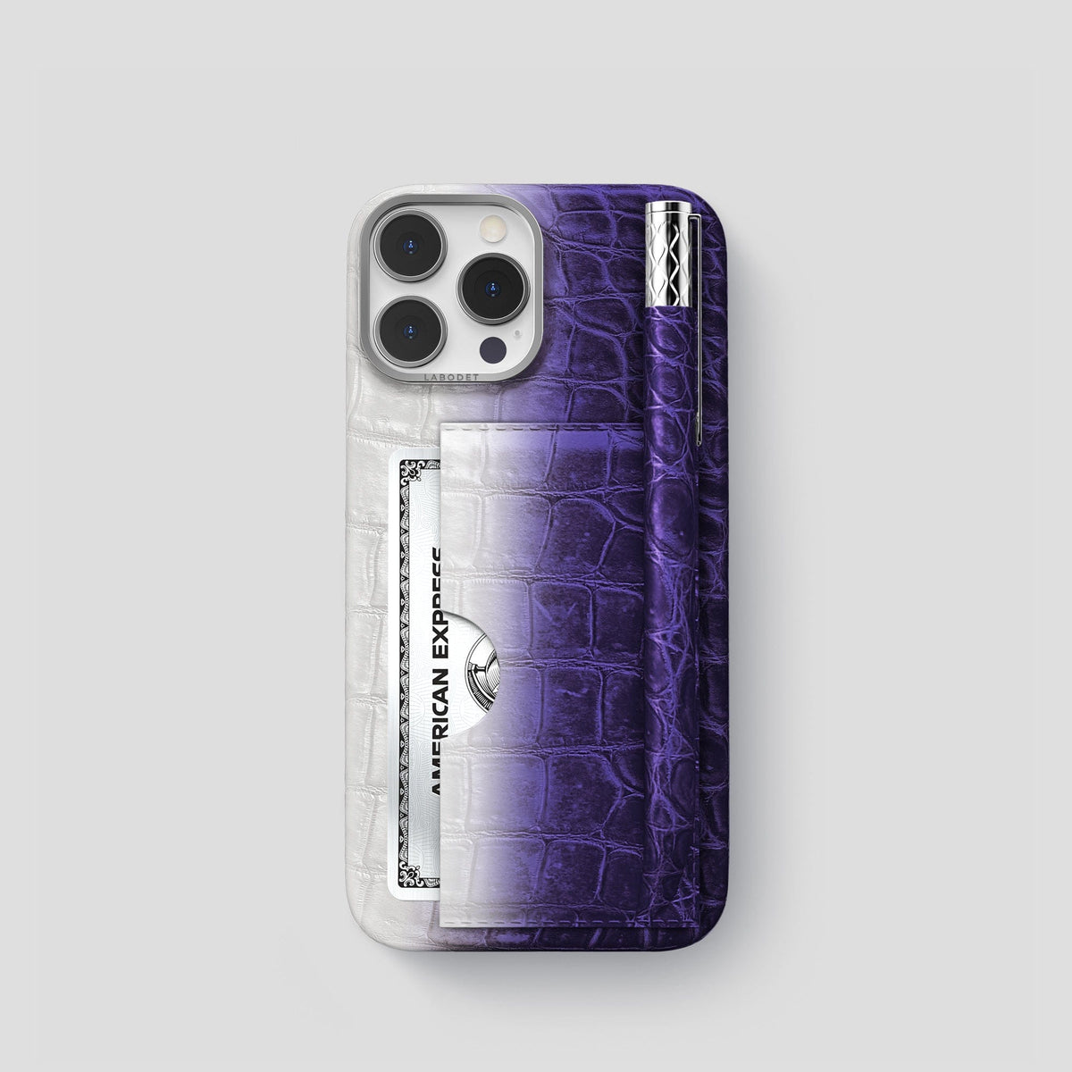Purple iPhone 14 Pro Card and Pen Holder Case Himalayan Crocodile with Steel Metal -1 | Purple-Steel