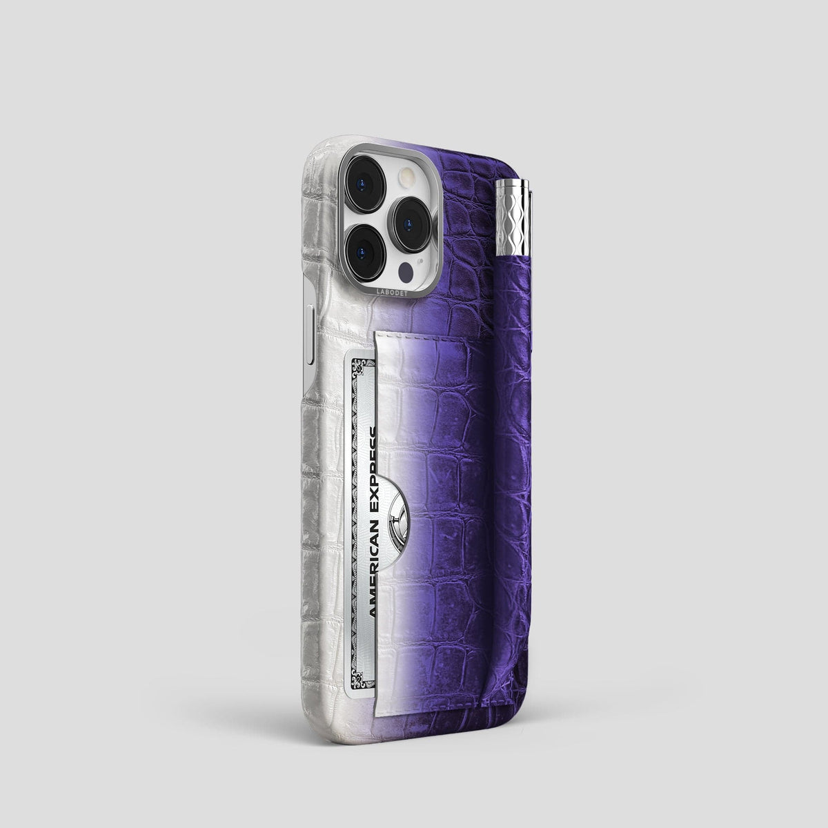 Purple iPhone 14 Pro Card and Pen Holder Case Himalayan Crocodile with Steel Metal -2 | Purple-Steel