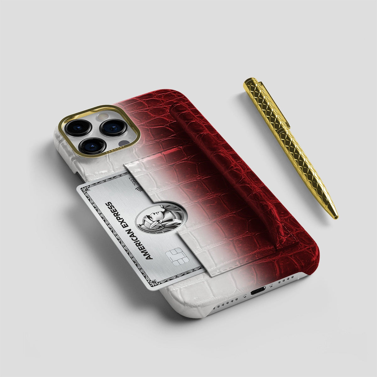 Red iPhone 14 Pro Card and Pen Holder Case Himalayan Crocodile with Gold Metal -5 | Red-Gold