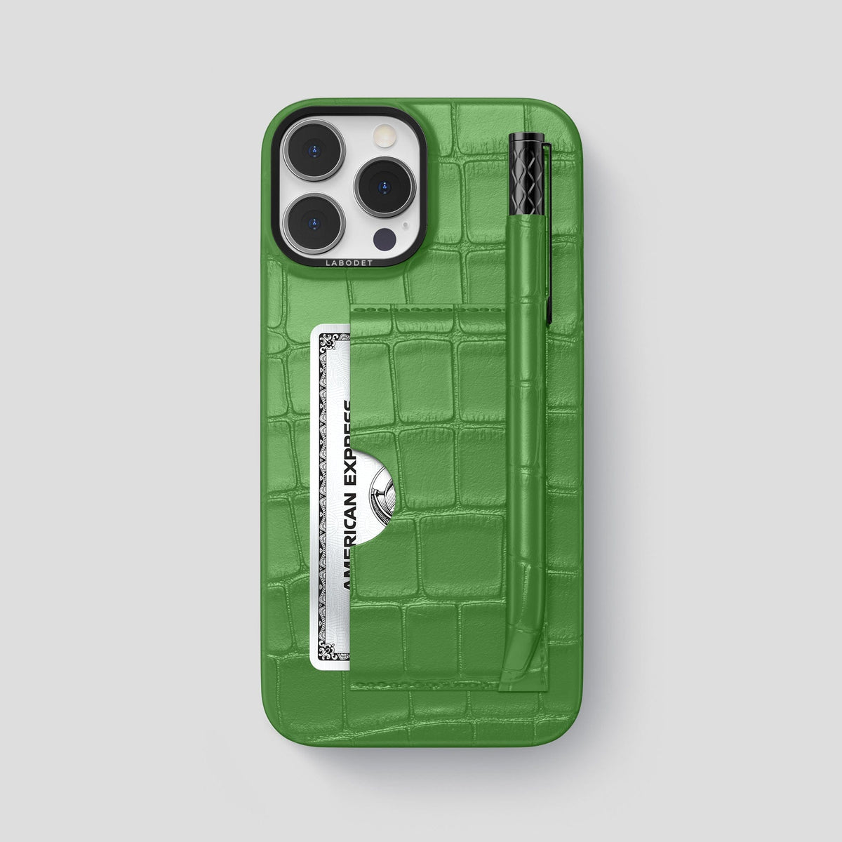 Apple-Green iPhone 14 Pro Max Card and Pen Holder Case Alligator with Black Metal -1 | Apple-Green-Black