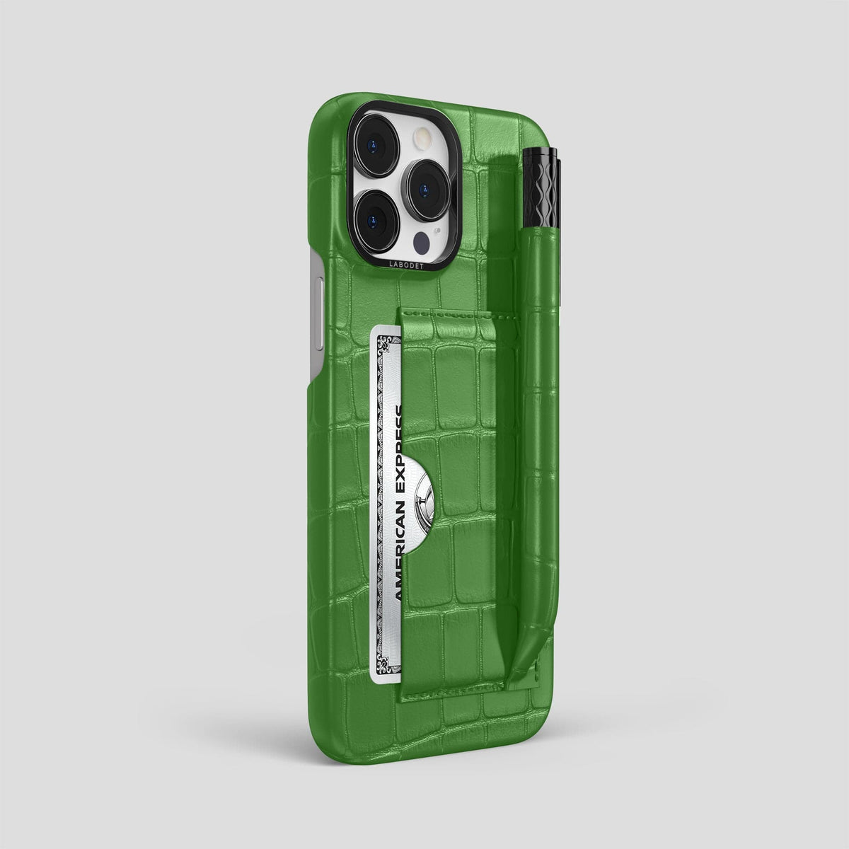 Apple-Green iPhone 14 Pro Max Card and Pen Holder Case Alligator with Black Metal -2 | Apple-Green-Black