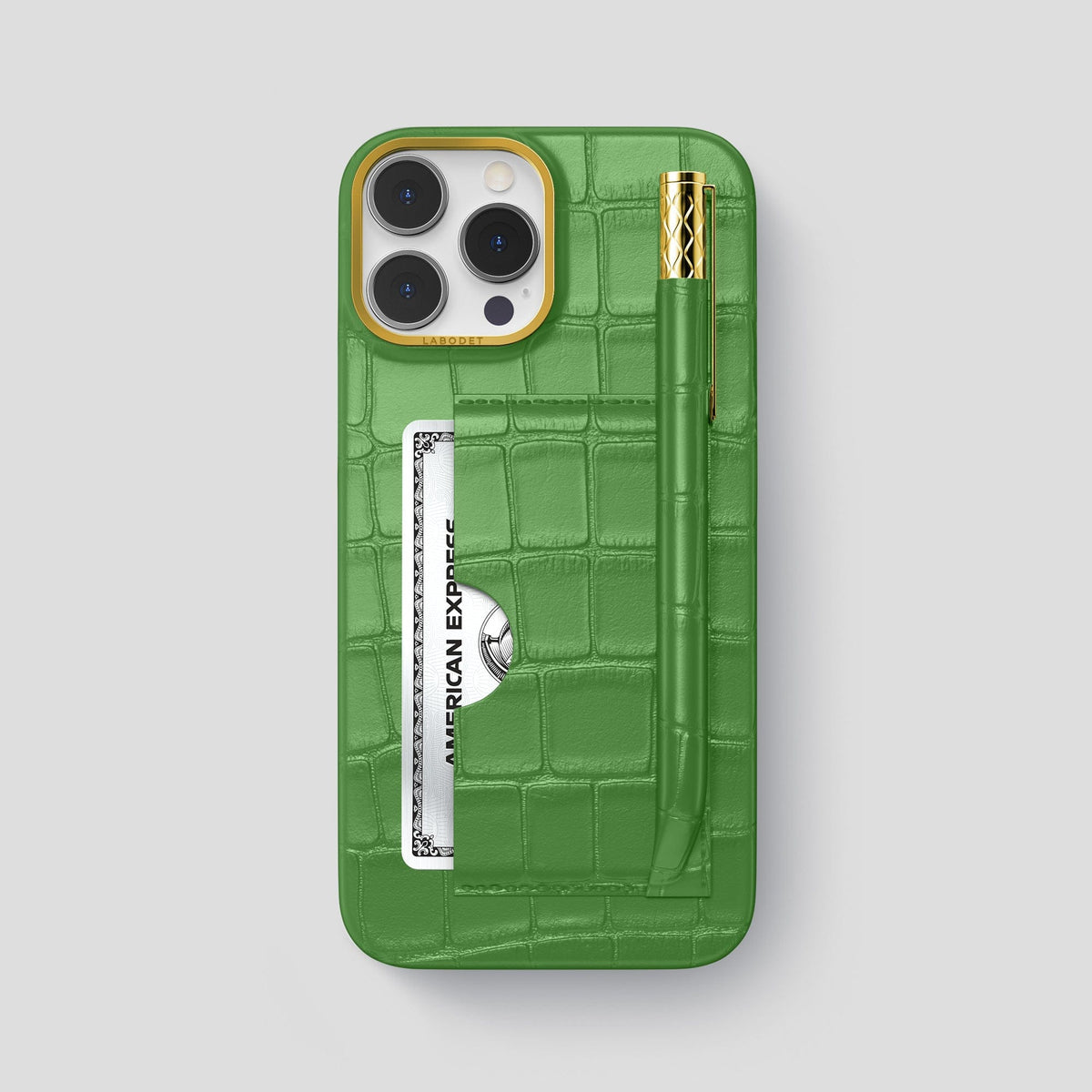 Apple-Green iPhone 14 Pro Max Card and Pen Holder Case Alligator with Gold Metal -1 | Apple-Green-Gold