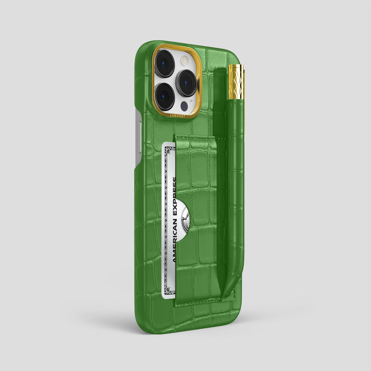 Apple-Green iPhone 14 Pro Max Card and Pen Holder Case Alligator with Gold Metal -2 | Apple-Green-Gold