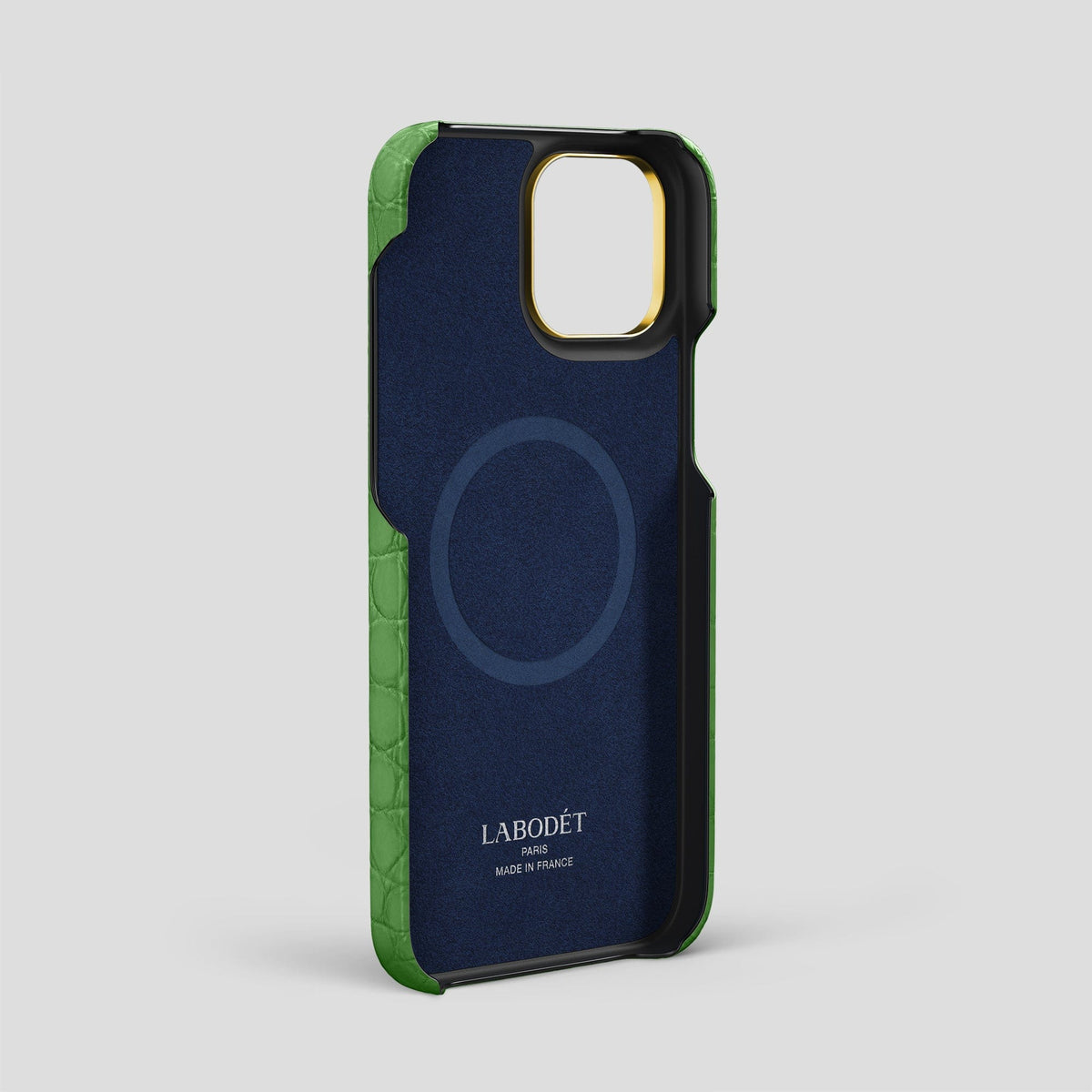 Apple-Green iPhone 14 Pro Max Card and Pen Holder Case Alligator with Gold Metal -3 | Apple-Green-Gold