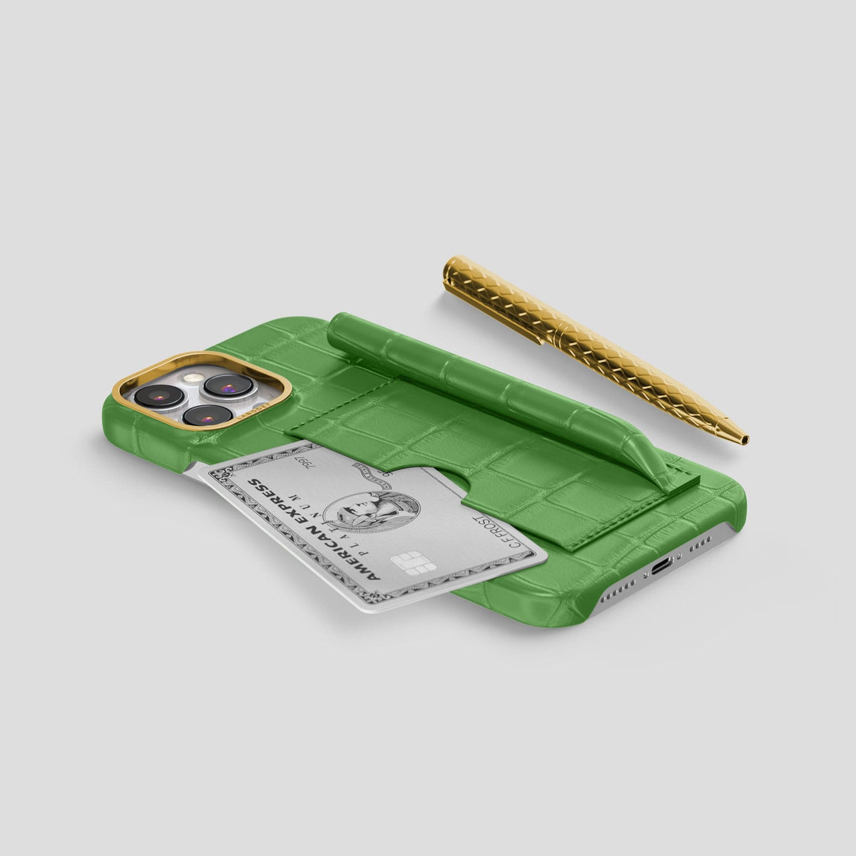 Apple-Green iPhone 14 Pro Max Card and Pen Holder Case Alligator with Gold Metal -5 | Apple-Green-Gold