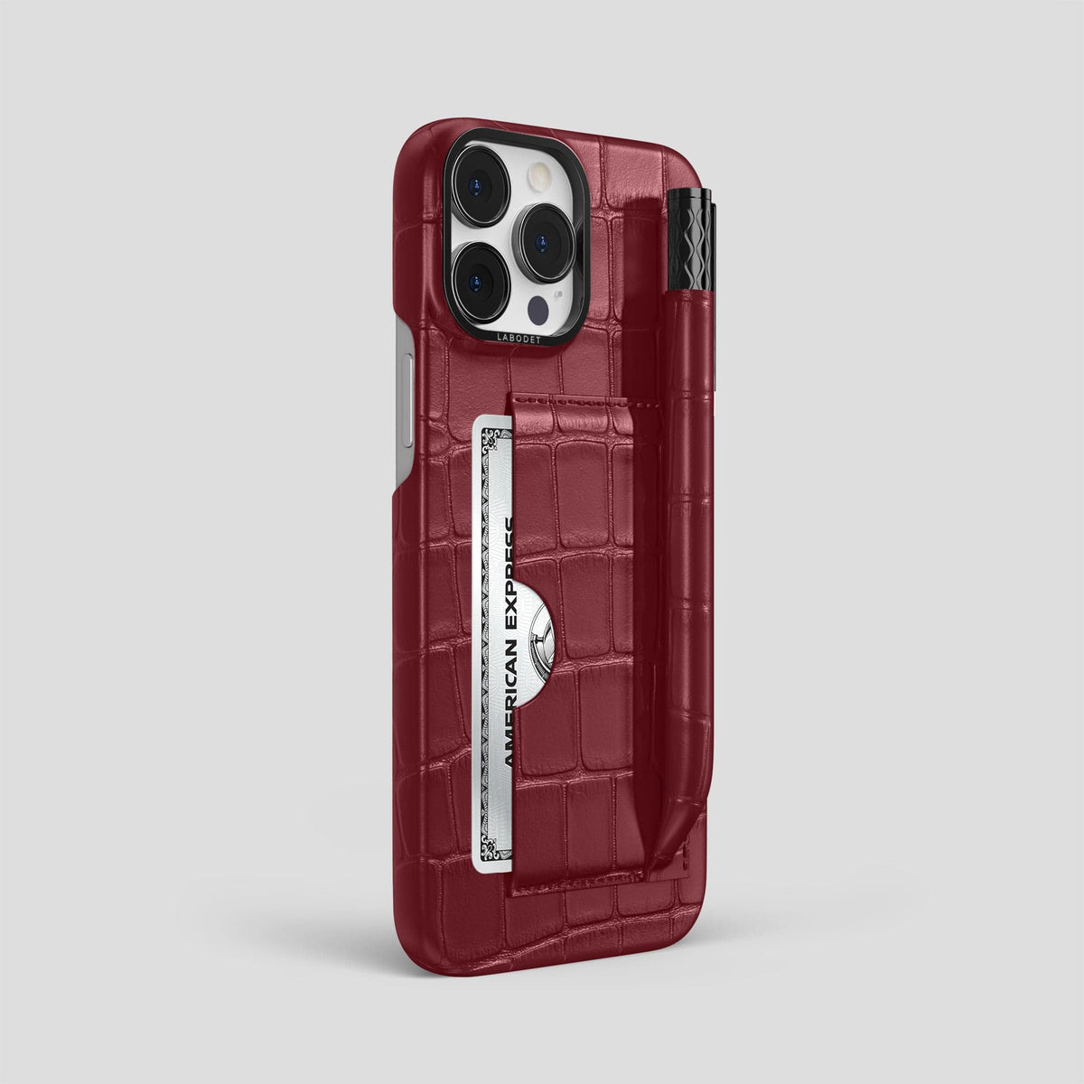 Burgundy iPhone 14 Pro Max Card and Pen Holder Case Alligator with Black Metal -2 | Burgundy-Black