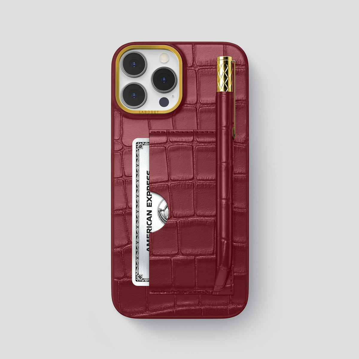 Burgundy iPhone 14 Pro Max Card and Pen Holder Case Alligator with Gold Metal -1 | Burgundy-Gold