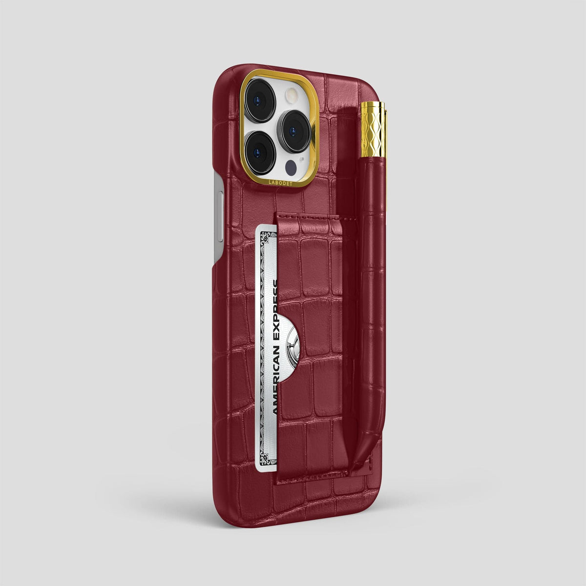 Burgundy iPhone 14 Pro Max Card and Pen Holder Case Alligator with Gold Metal -2 | Burgundy-Gold