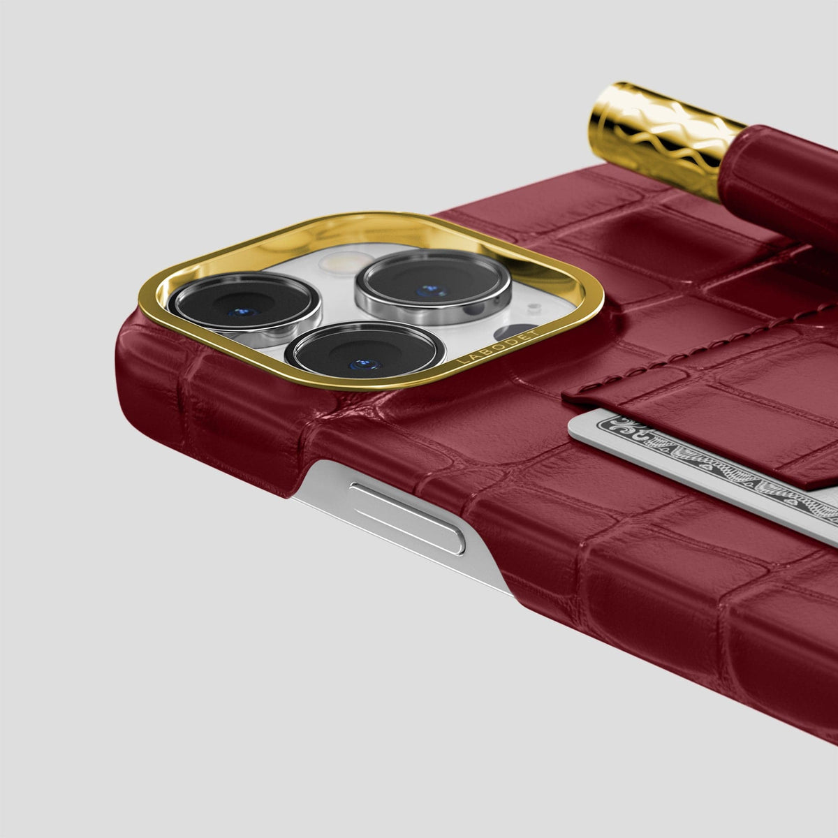 Burgundy iPhone 14 Pro Max Card and Pen Holder Case Alligator with Gold Metal -4 | Burgundy-Gold