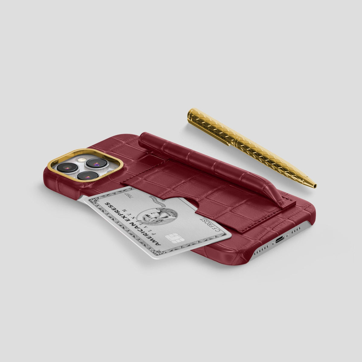 Burgundy iPhone 14 Pro Max Card and Pen Holder Case Alligator with Gold Metal -5 | Burgundy-Gold
