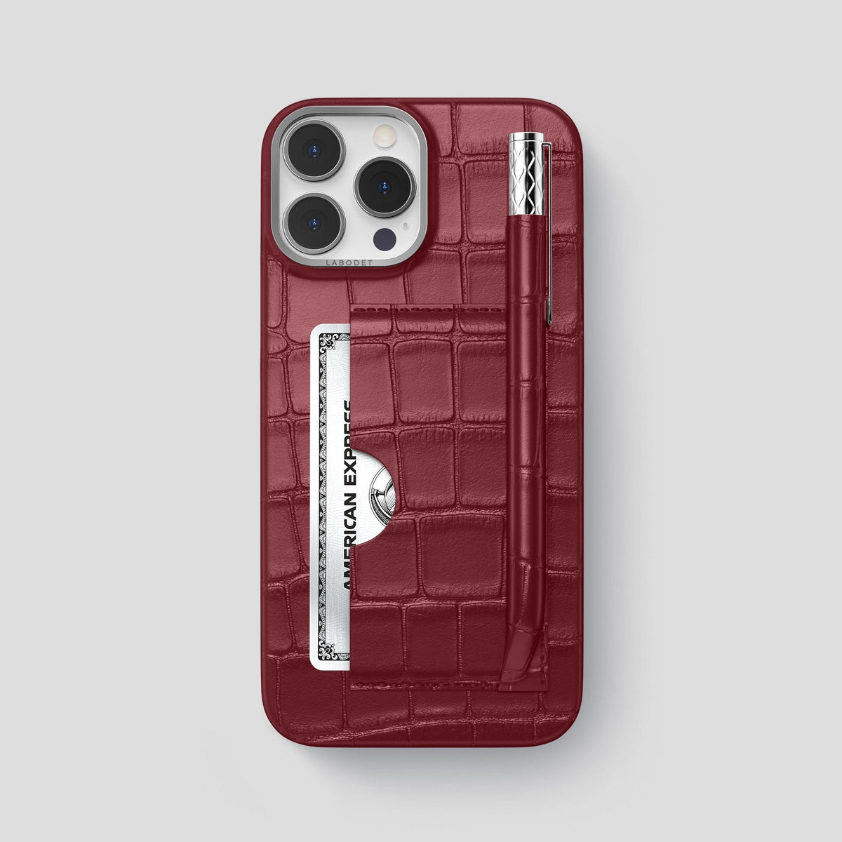 Burgundy iPhone 14 Pro Max Card and Pen Holder Case Alligator with Steel Metal -1 | Burgundy-Steel