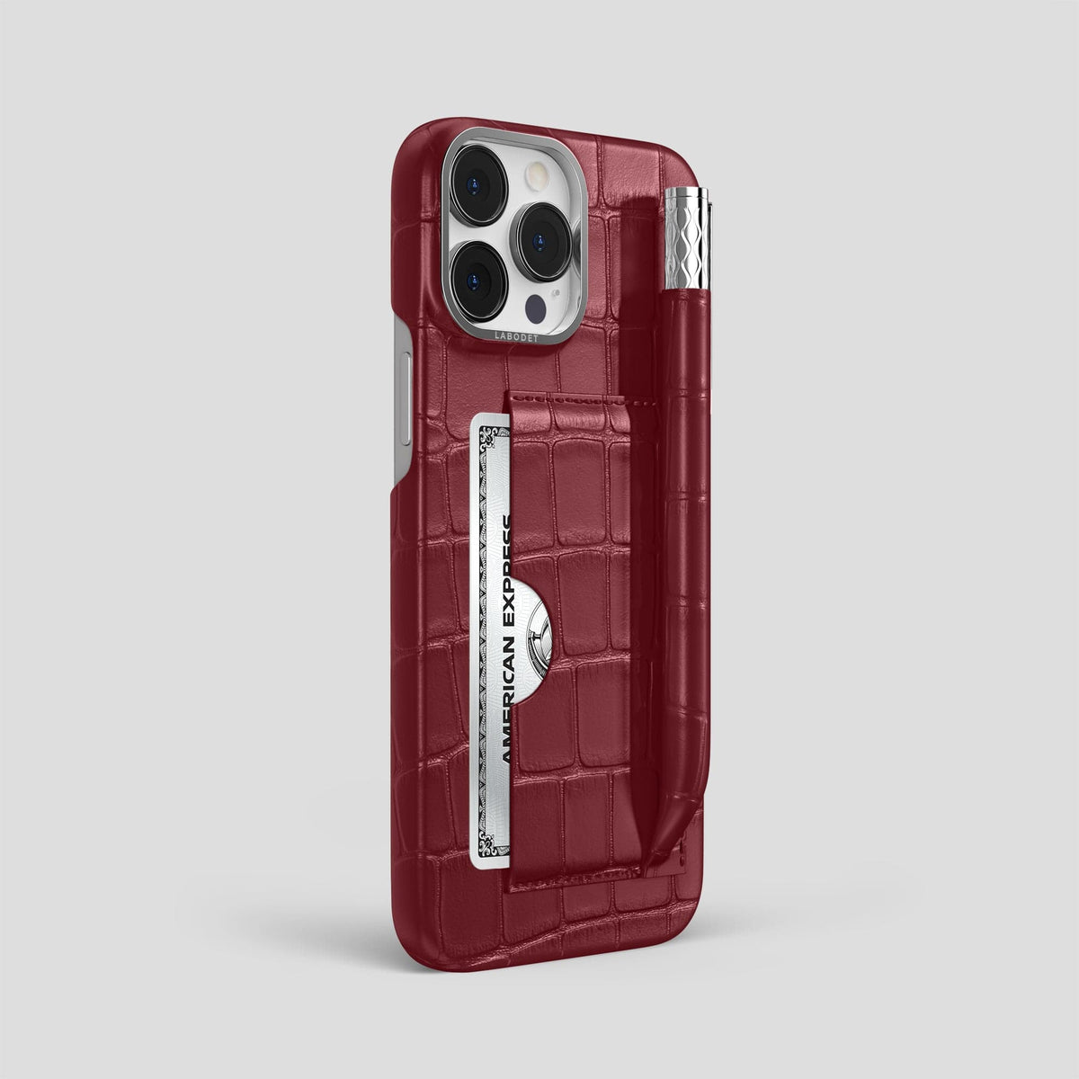 Burgundy iPhone 14 Pro Max Card and Pen Holder Case Alligator with Steel Metal -2 | Burgundy-Steel