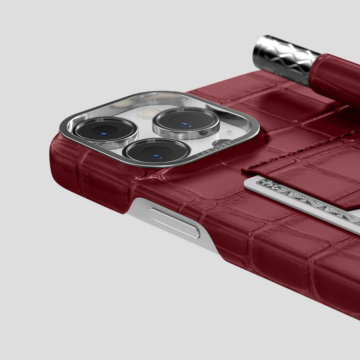 Burgundy iPhone 14 Pro Max Card and Pen Holder Case Alligator with Steel Metal -4 | Burgundy-Steel