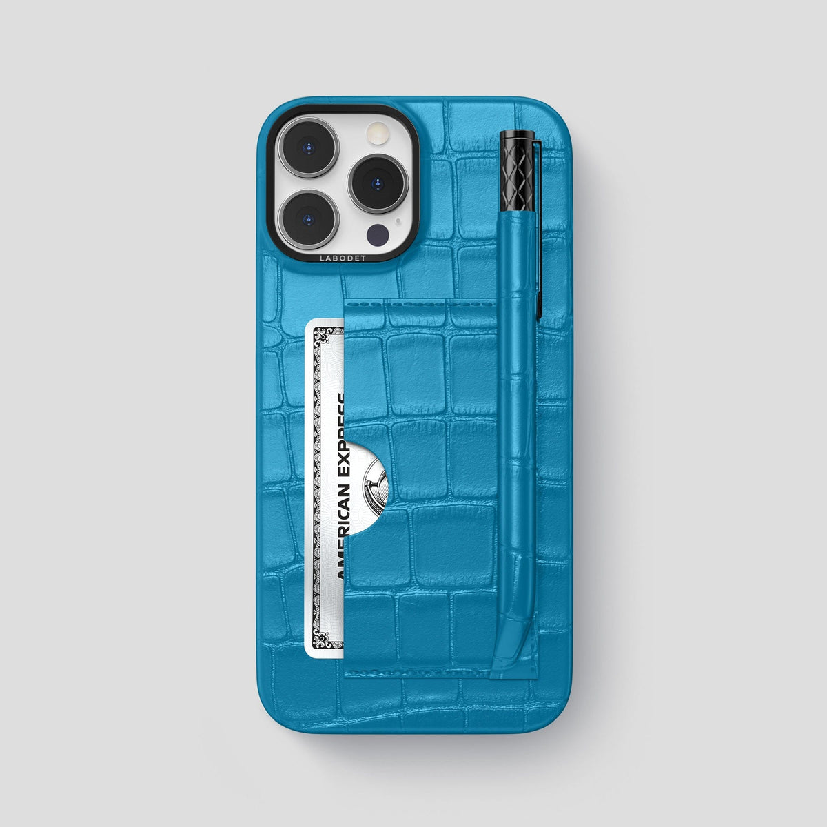 Curaçao-Blue iPhone 14 Pro Max Card and Pen Holder Case Alligator with Black Metal -1 | Curaçao-Blue-Black