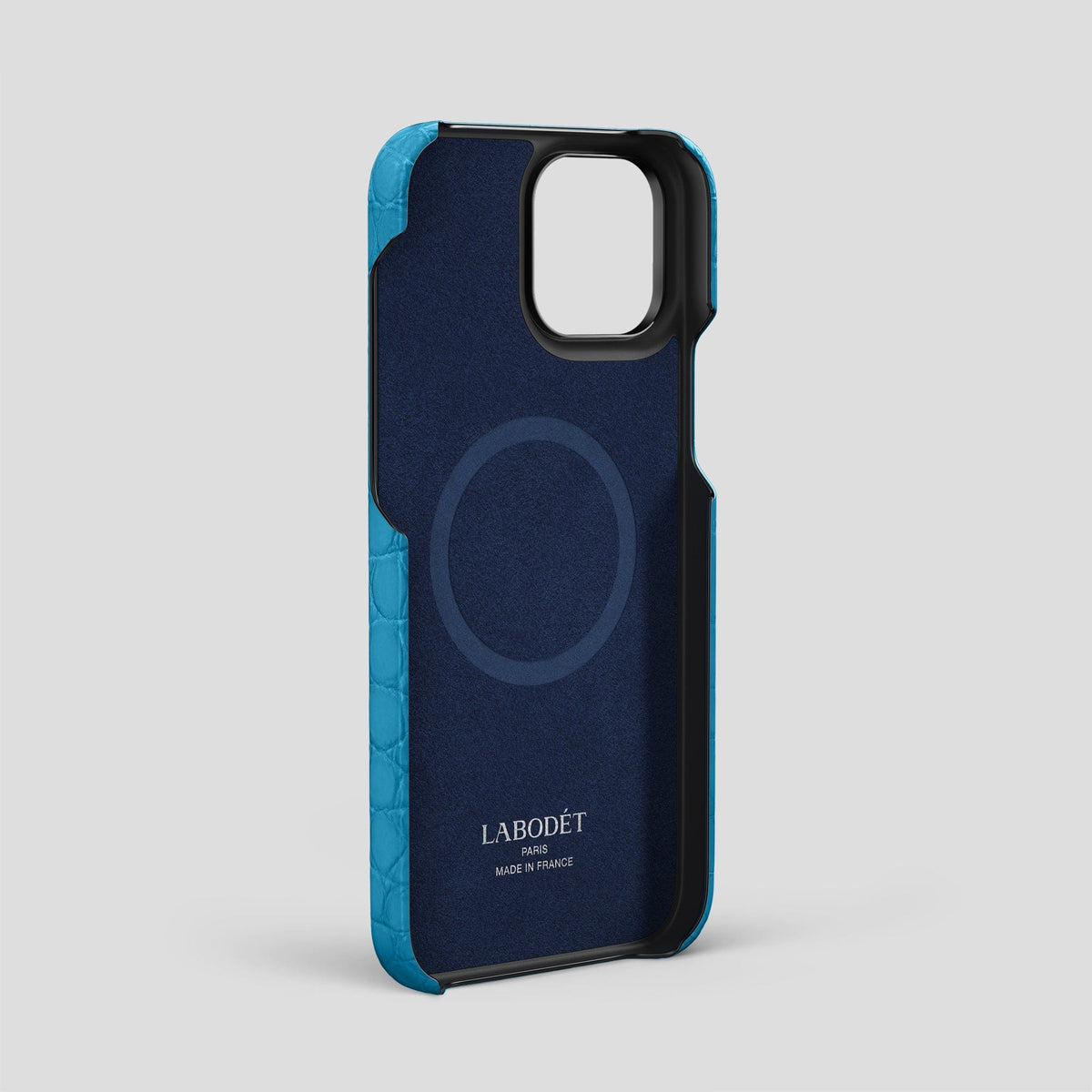 Curaçao-Blue iPhone 14 Pro Max Card and Pen Holder Case Alligator with Black Metal -3 | Curaçao-Blue-Black