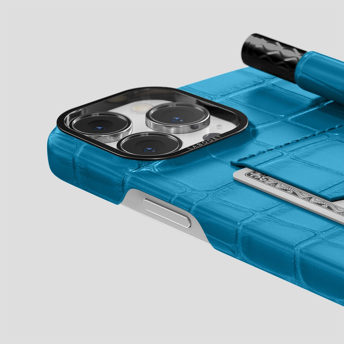 Curaçao-Blue iPhone 14 Pro Max Card and Pen Holder Case Alligator with Black Metal -4 | Curaçao-Blue-Black