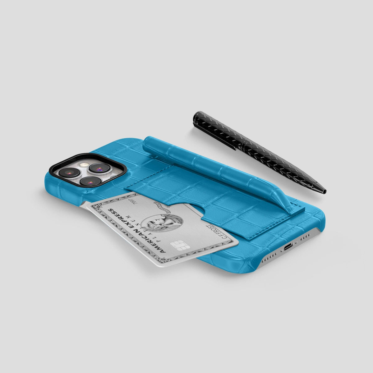 Curaçao-Blue iPhone 14 Pro Max Card and Pen Holder Case Alligator with Black Metal -5 | Curaçao-Blue-Black