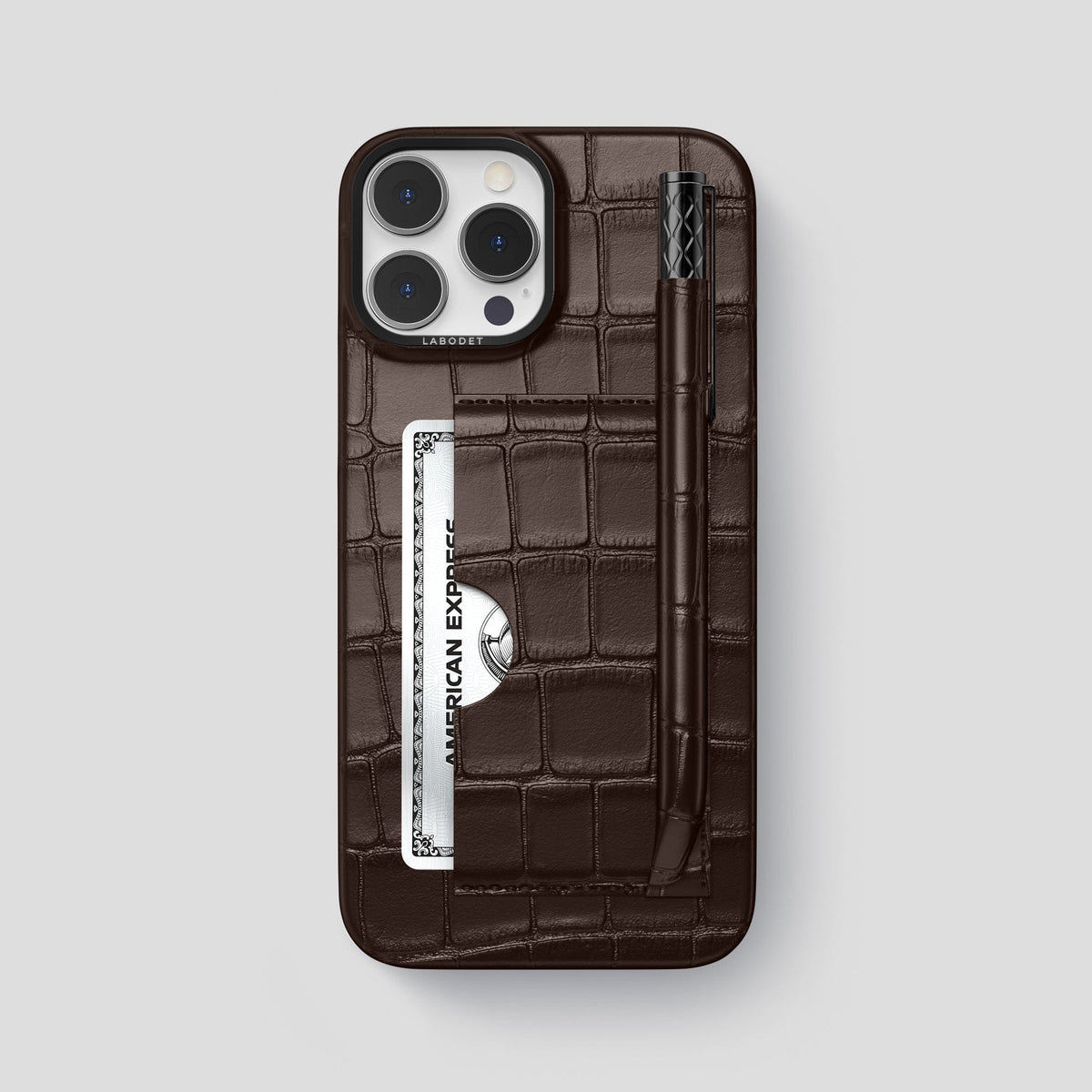 Dark Brown iPhone 14 Pro Max Card and Pen Holder Case Alligator with Black Metal -1 | Dark-Brown-Black