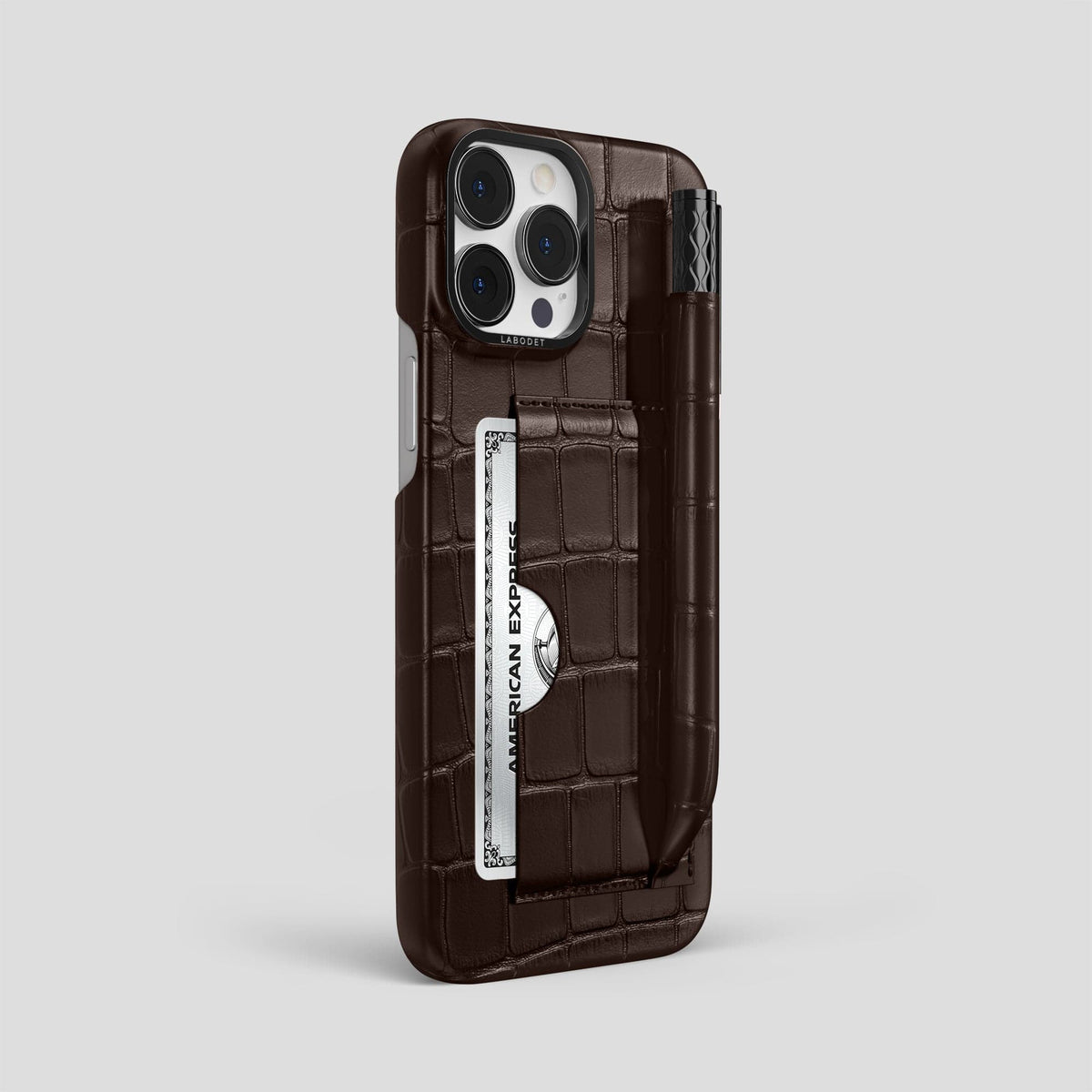 Dark Brown iPhone 14 Pro Max Card and Pen Holder Case Alligator with Black Metal -2 | Dark-Brown-Black