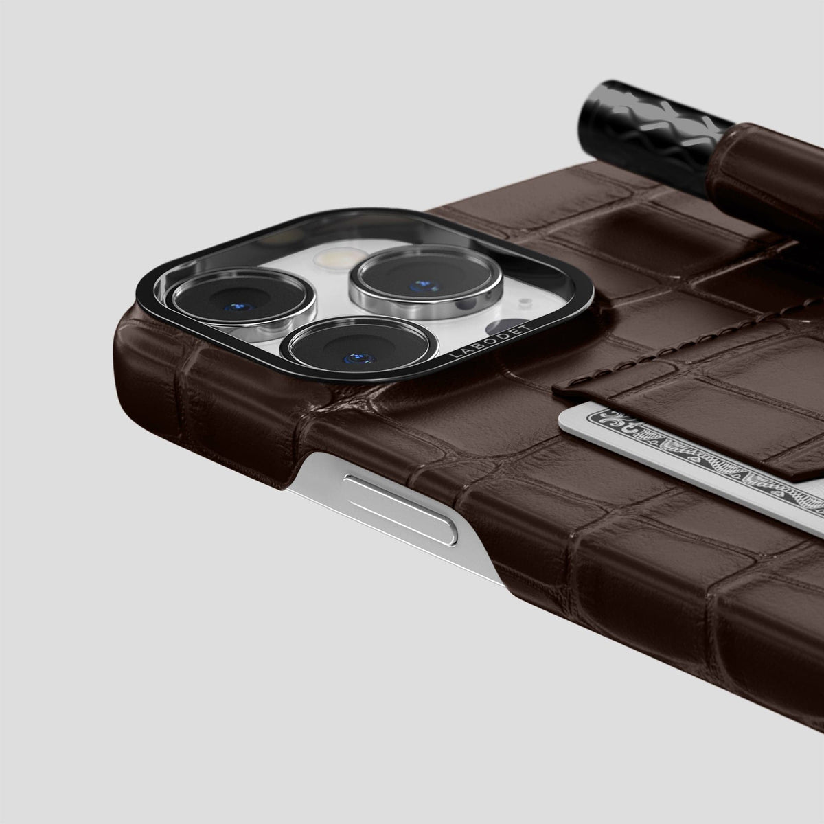 Dark Brown iPhone 14 Pro Max Card and Pen Holder Case Alligator with Black Metal -4 | Dark-Brown-Black