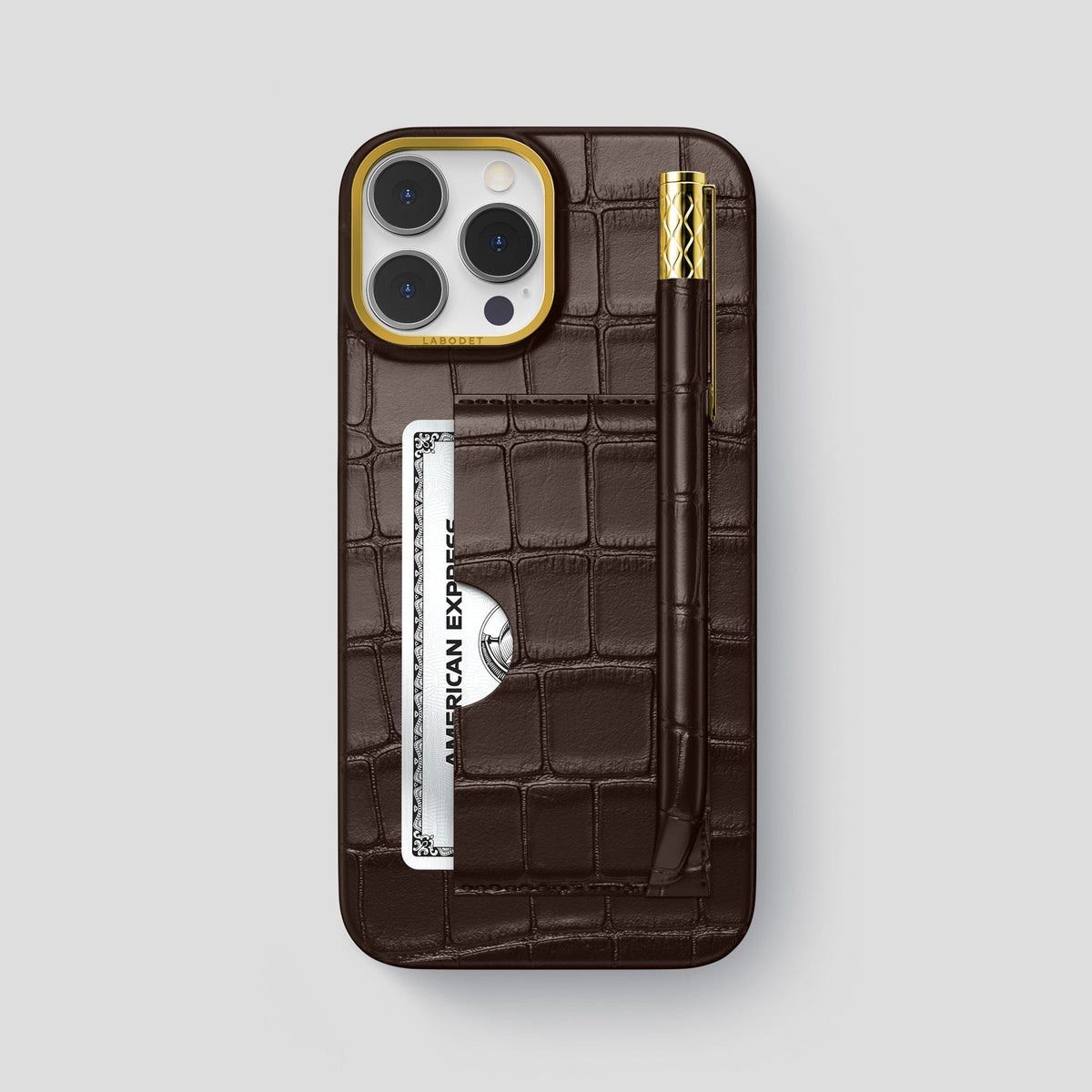 Dark Brown iPhone 14 Pro Max Card and Pen Holder Case Alligator with Gold Metal -1 | Dark-Brown-Gold