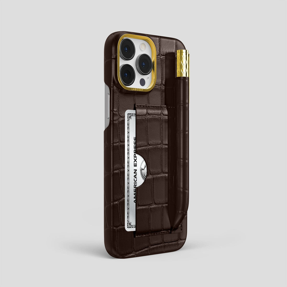 Dark Brown iPhone 14 Pro Max Card and Pen Holder Case Alligator with Gold Metal -2 | Dark-Brown-Gold