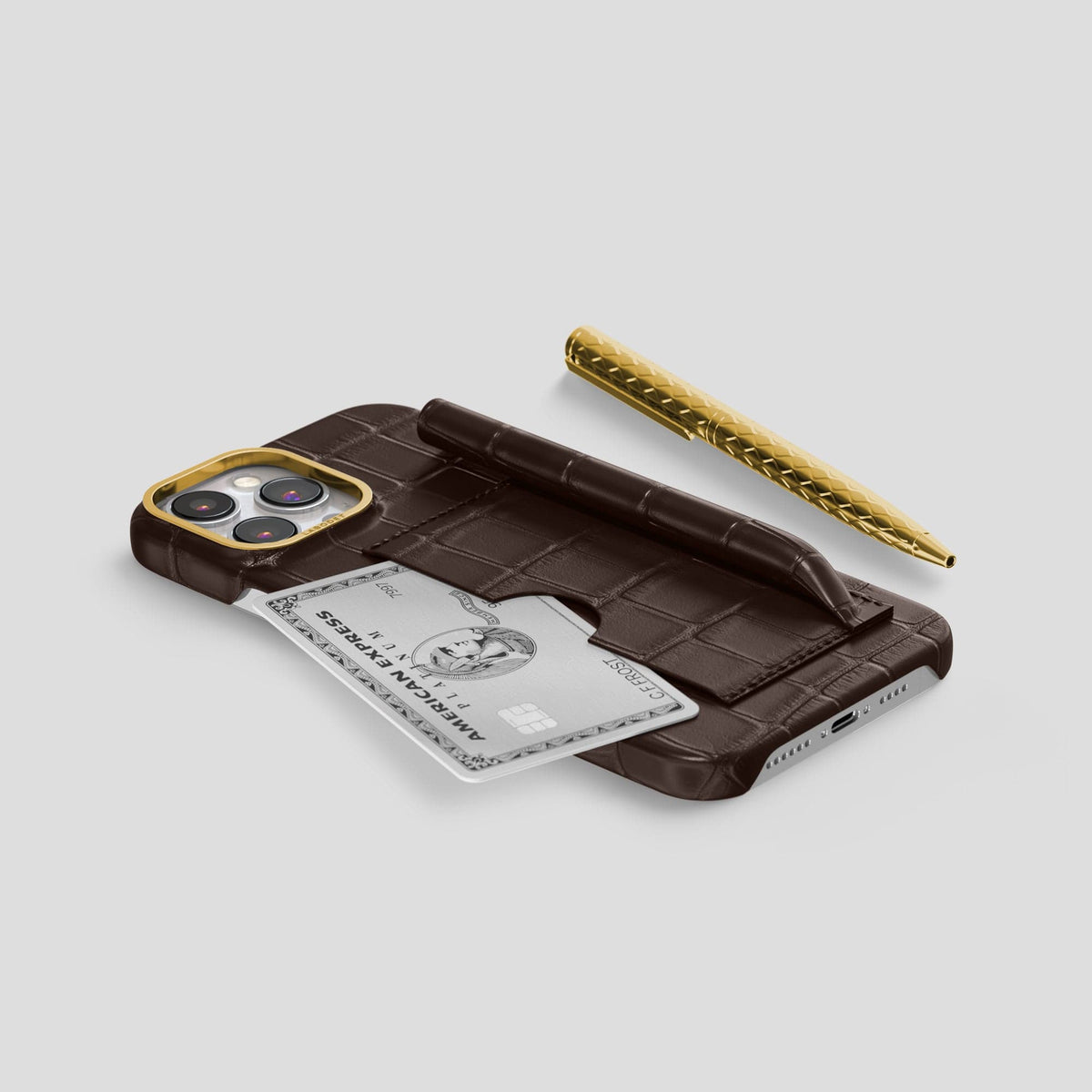 Dark Brown iPhone 14 Pro Max Card and Pen Holder Case Alligator with Gold Metal -5 | Dark-Brown-Gold